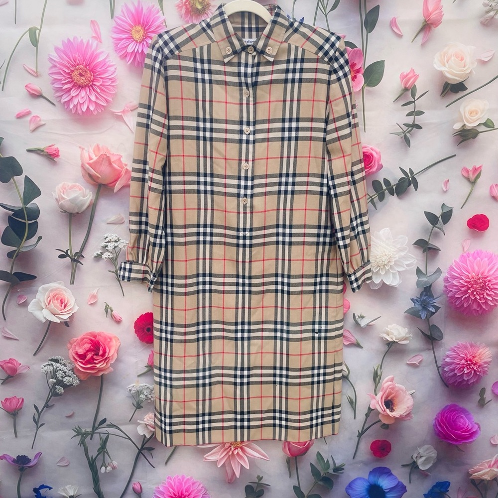 Vintage Burberry Classic Long Sleeve Plaid Button-Up Shirt Dress